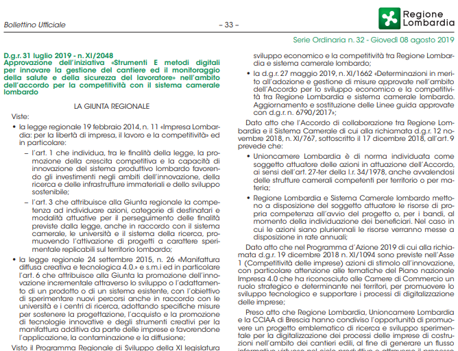 Regione Lombardia D.g.r. 31 luglio 2019 - n. XI/2048 cantieri