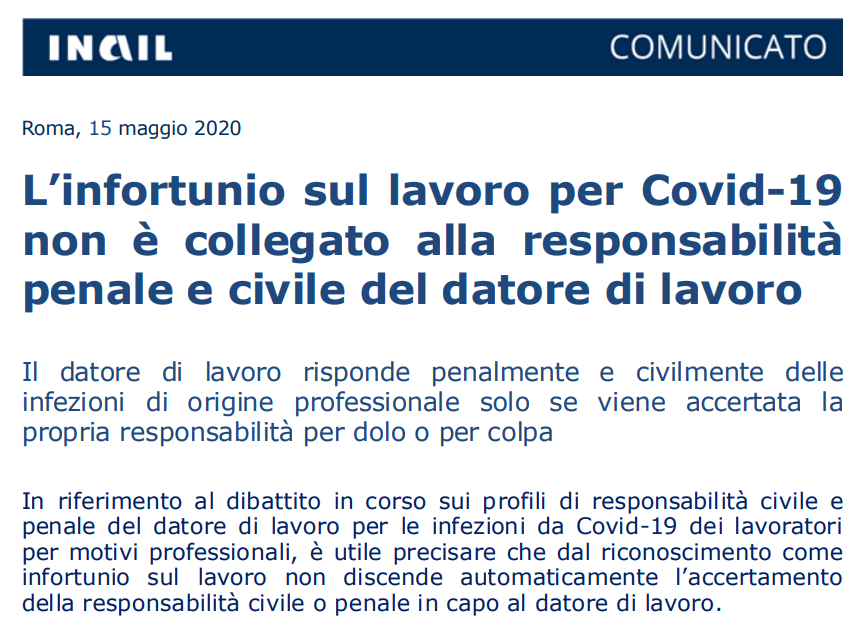 L’infortunio sul lavoro per Covid-19 non è collegato alla responsabilità penale e civile del datore di lavoro