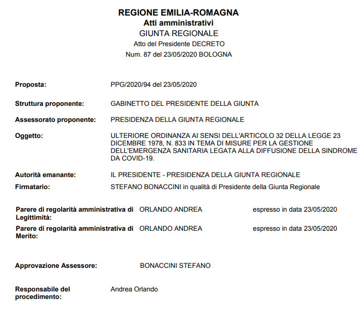 Decreto del Presidente della Giunta Regionale n. 87 del 23/05/2020 decreto