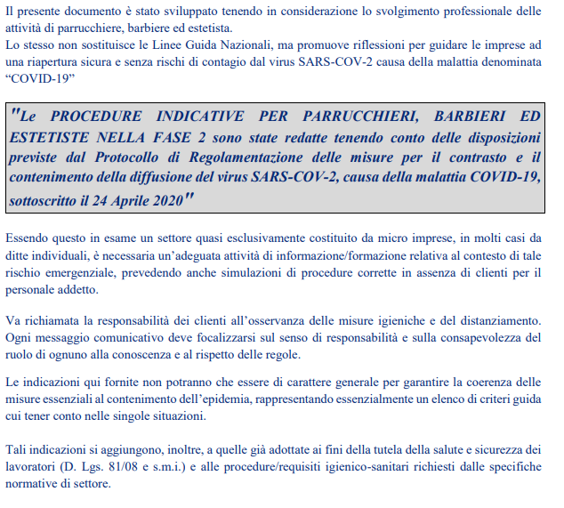 Le PROCEDURE INDICATIVE PER PARRUCCHIERI, BARBIERI ED ESTETISTE NELLA FASE 2