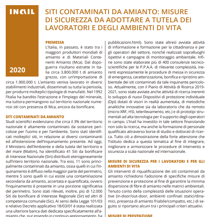 INAIL 2020 SITI CONTAMINATI DA AMIANTO INAIL 2020 SITI CONTAMINATI DA AMIANTO